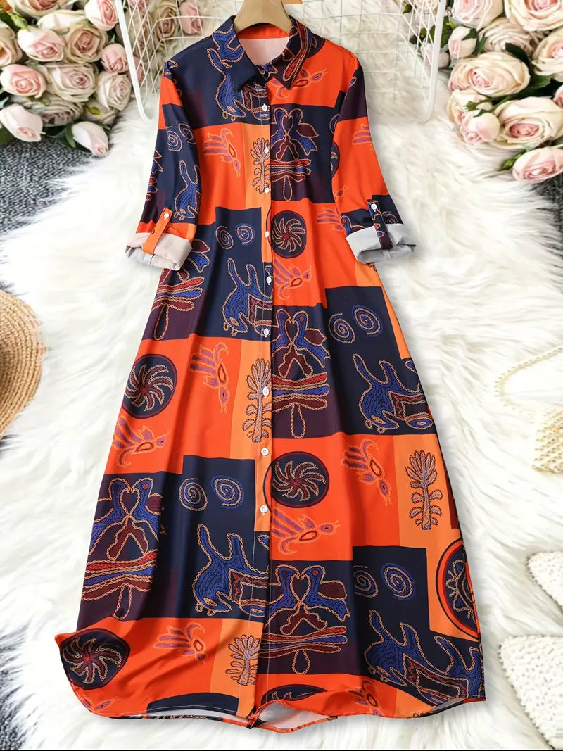 Abstract Art Print Long Sleeve Midi Dress
