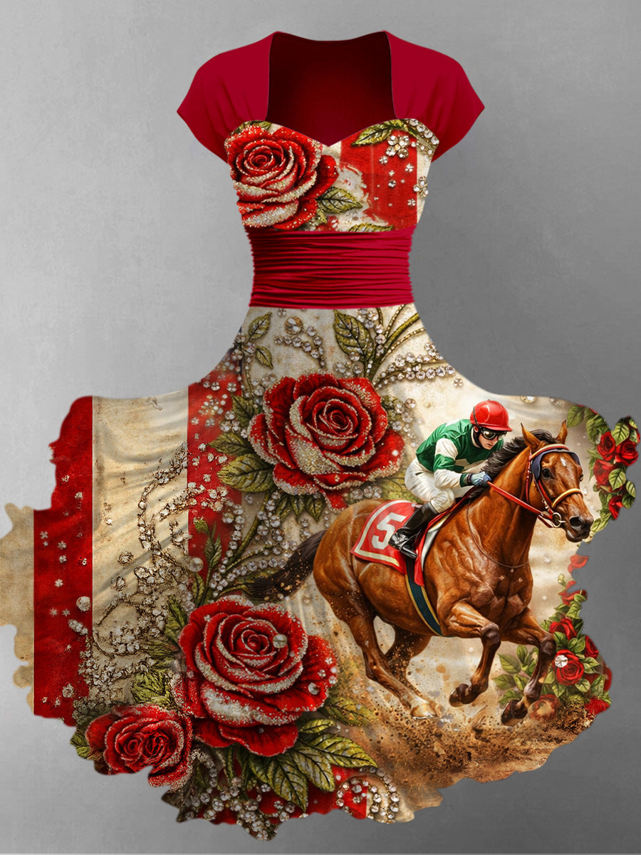 Retro Derby Horse Art Printed Vintage V-Neck Pleated Waist Short Sleeve Midi Dress