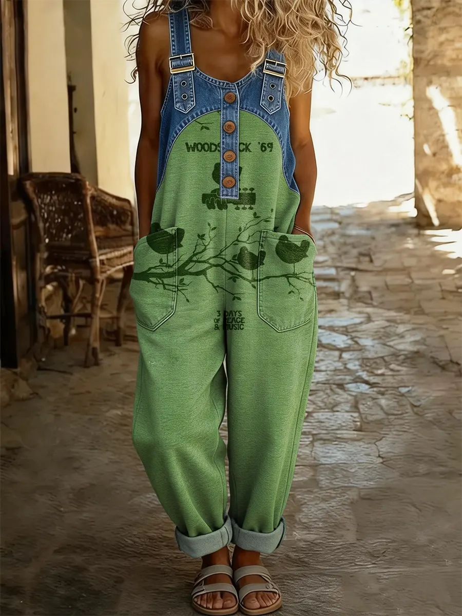 Women's Hippie Woodstock Patterned Washed Cotton Denim Patchwork Jumpsuit