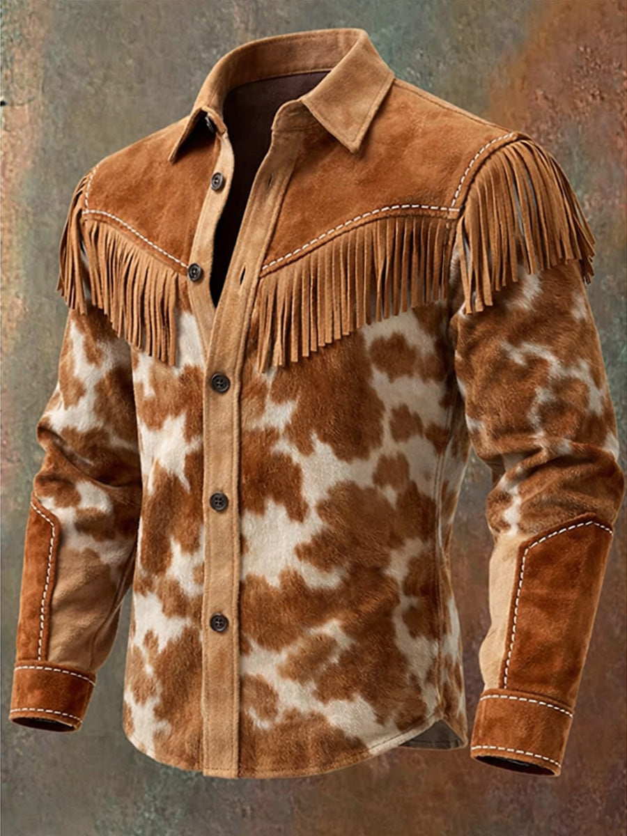 Men's Retro Western Style Print Vintage Tassel Casual Long Sleeve Shirt