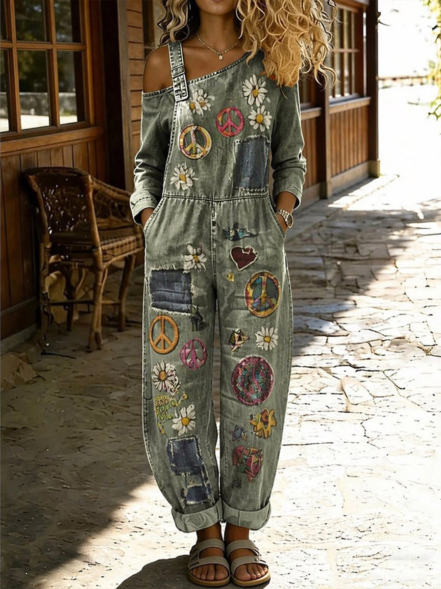 Women's Retro Style Floral Art Print Washed Cotton Denim Patchwork Jumpsuit