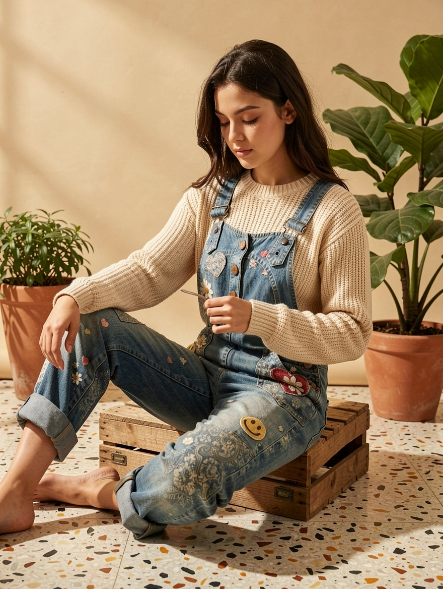 Women's Retro Floral Color-Blocked Art Print Washed Cotton Denim Patchwork Jumpsuit