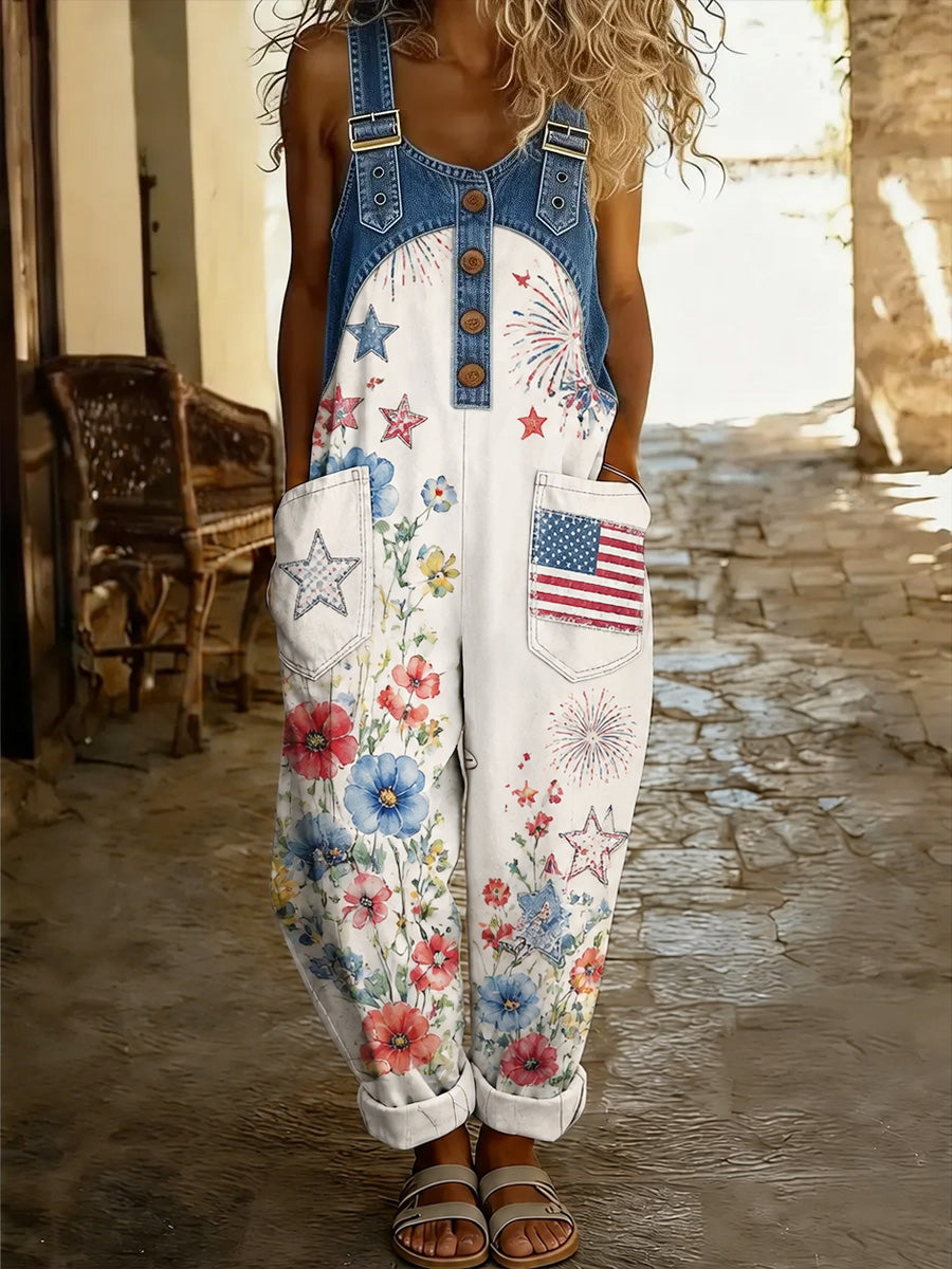 Women's Retro Style Print Washed Cotton Denim Patchwork Jumpsuit