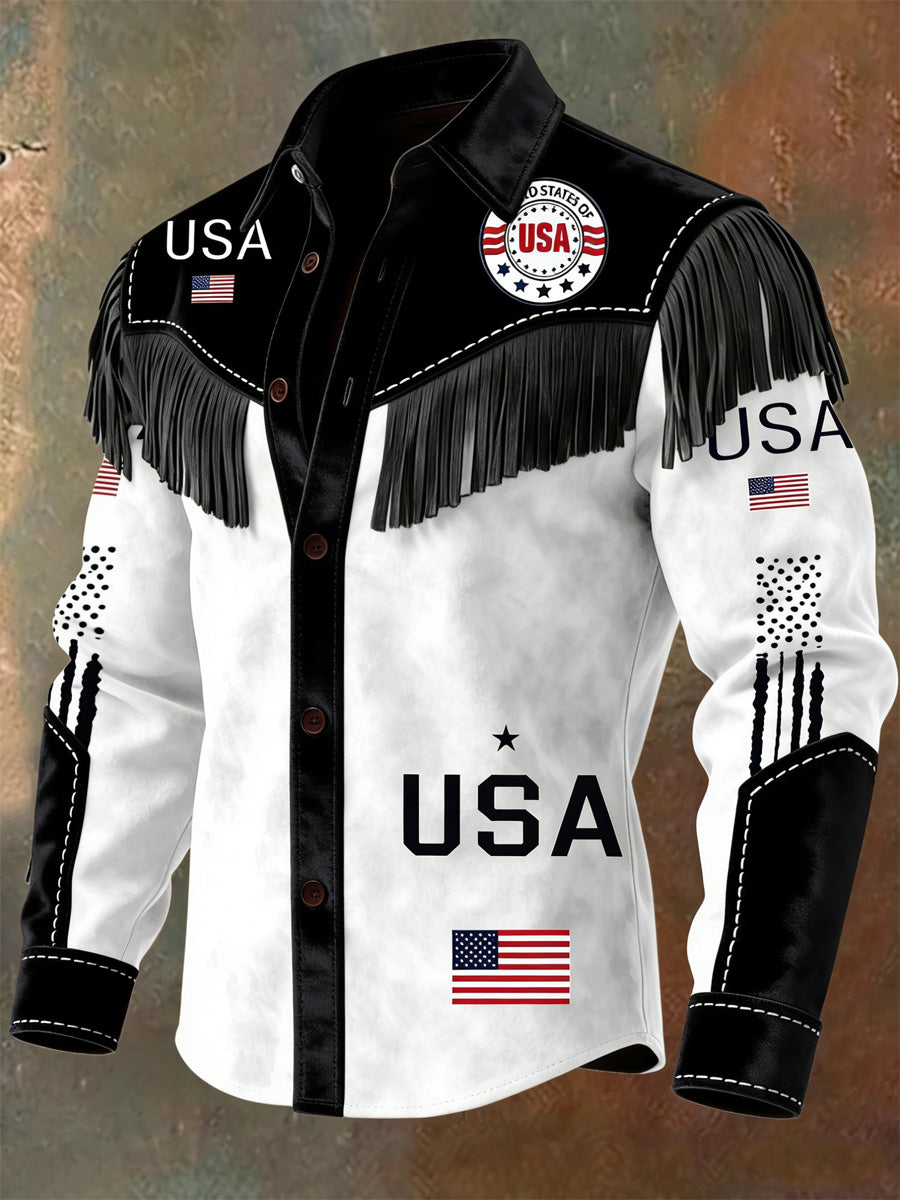 Men's USA Flag Art Western Style Print Vintage Tassel Casual Long Sleeve Shirt