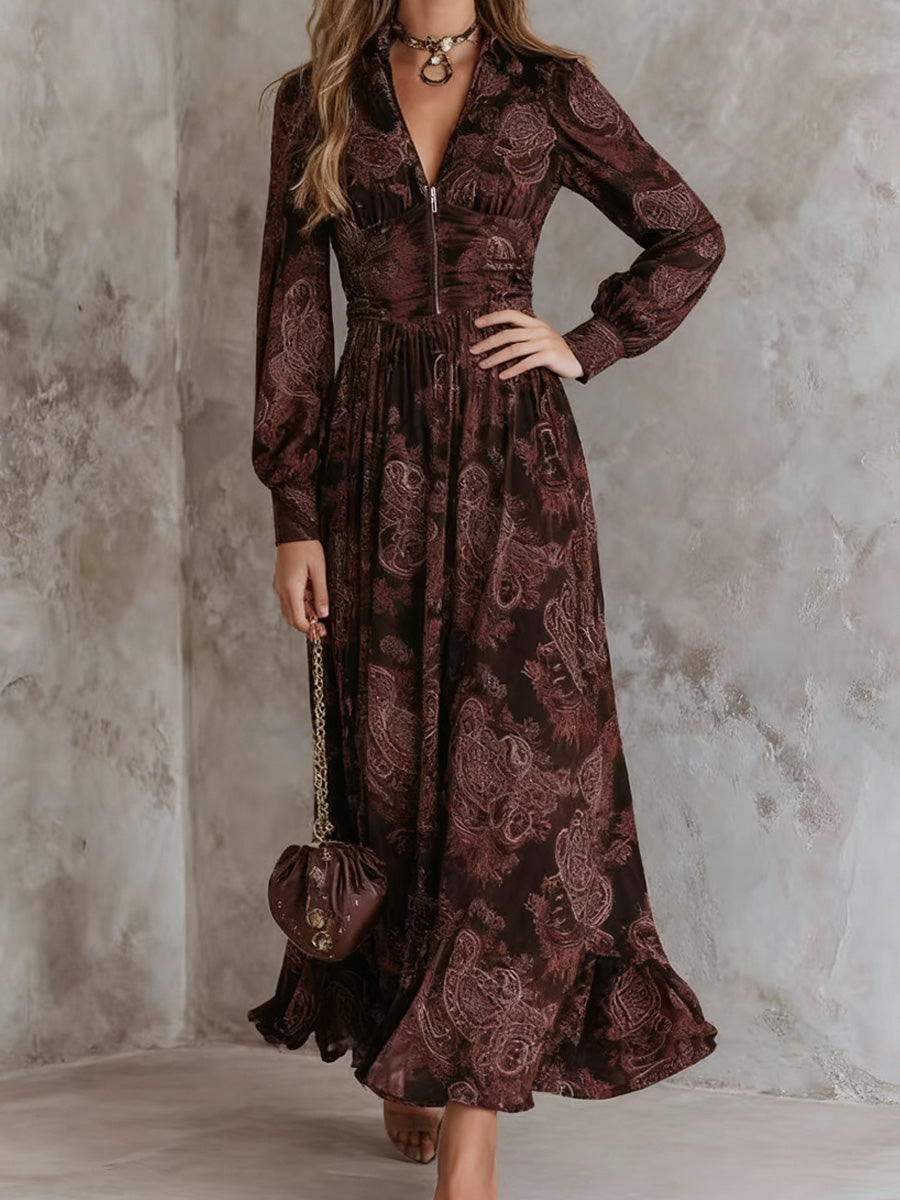 Retro Western Pattern Art V-Neck Zipper Pleated Waist Vintage Chiffon Maxi Dress