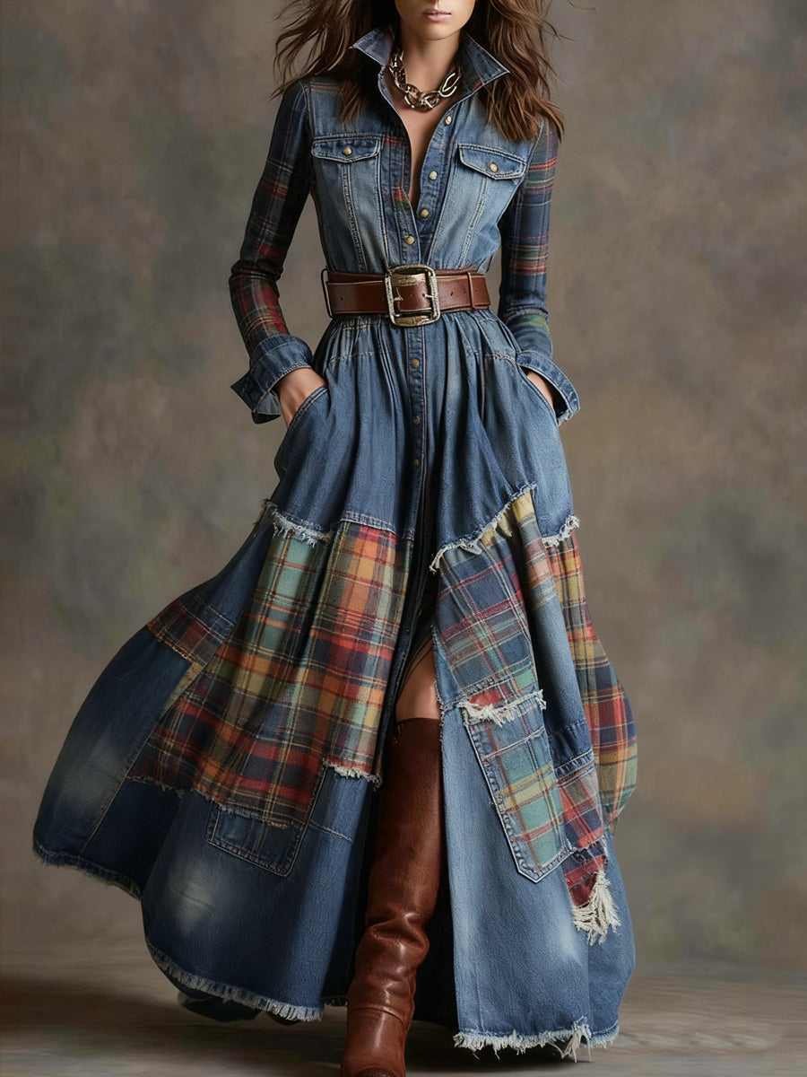 Retro Checkered Denim Texture Printed V-Neck Vintage Pocket-Style Long Sleeve Maxi Dress