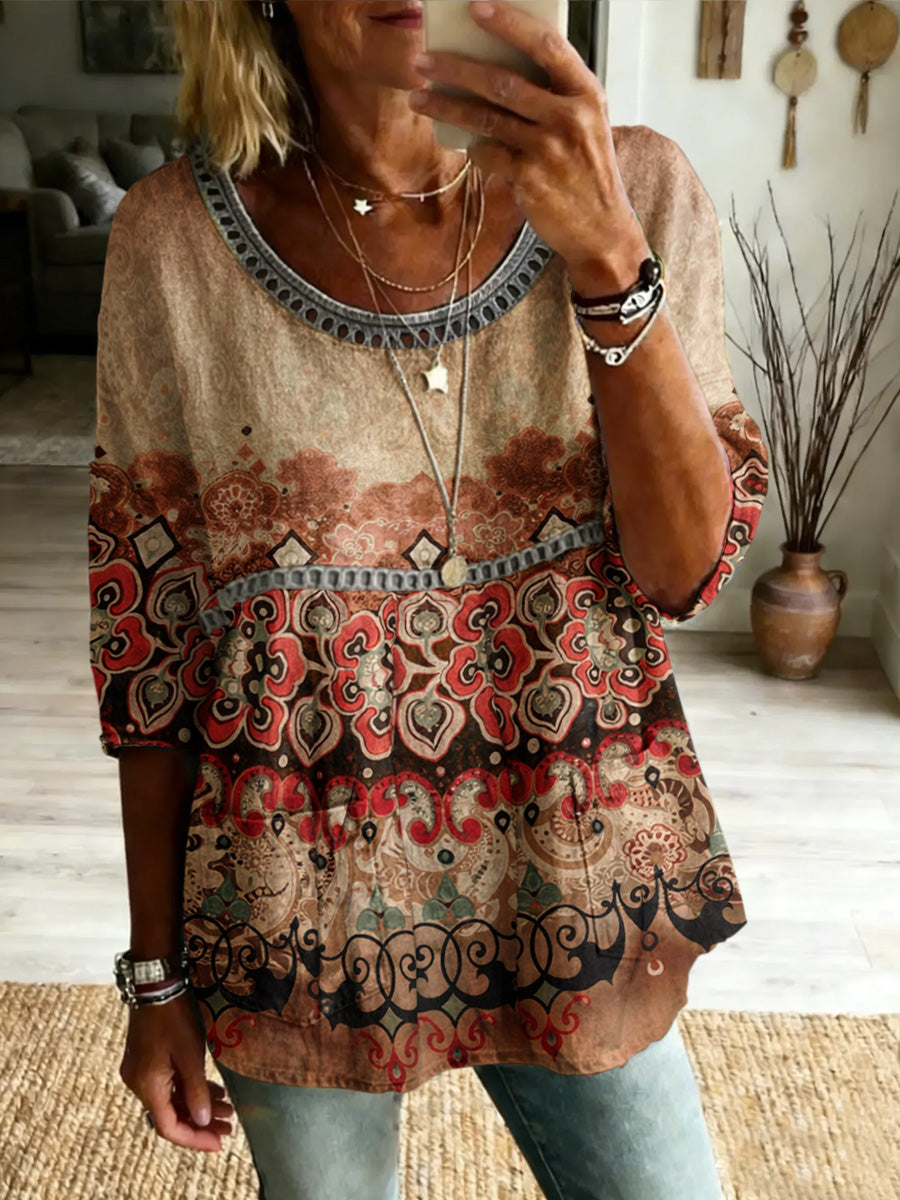 Women's Retro Casual  Style Print Vintage Half Sleeves Shirt