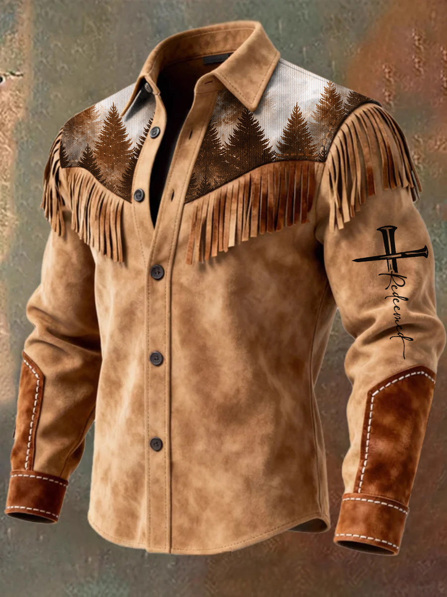 Men's Retro Western Style Art Print Vintage Tassel Casual Long Sleeve Shirt