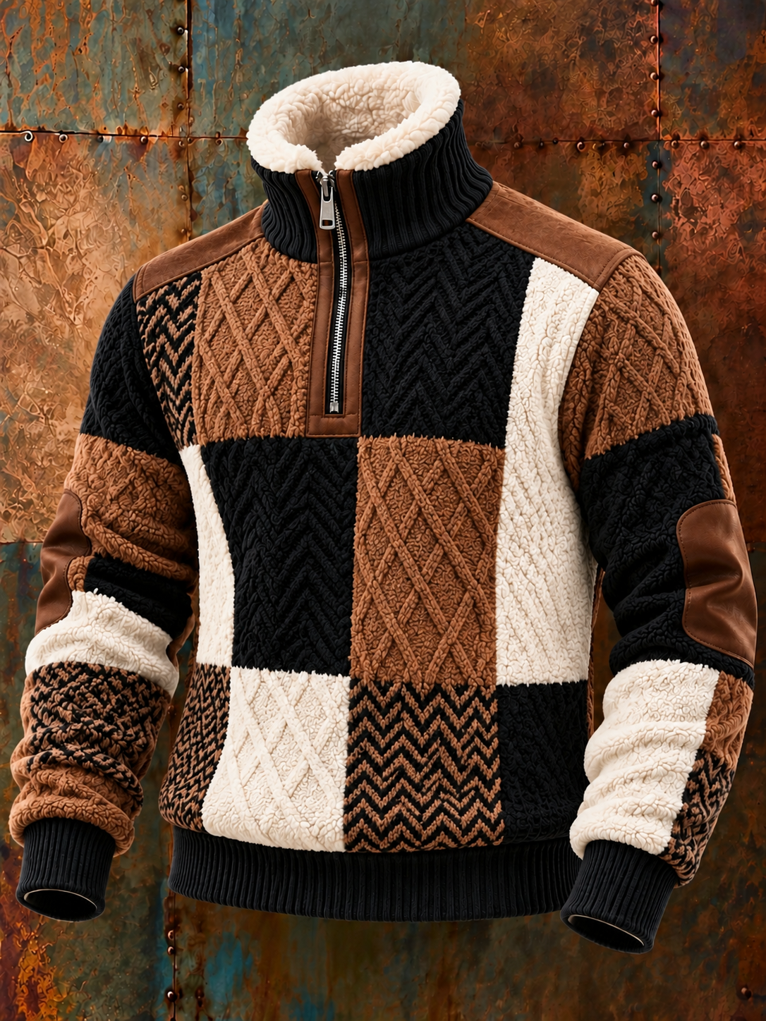 Men's Color-Block Jacquard Fabric Zipper Fur Collar Long Sleeve Coat