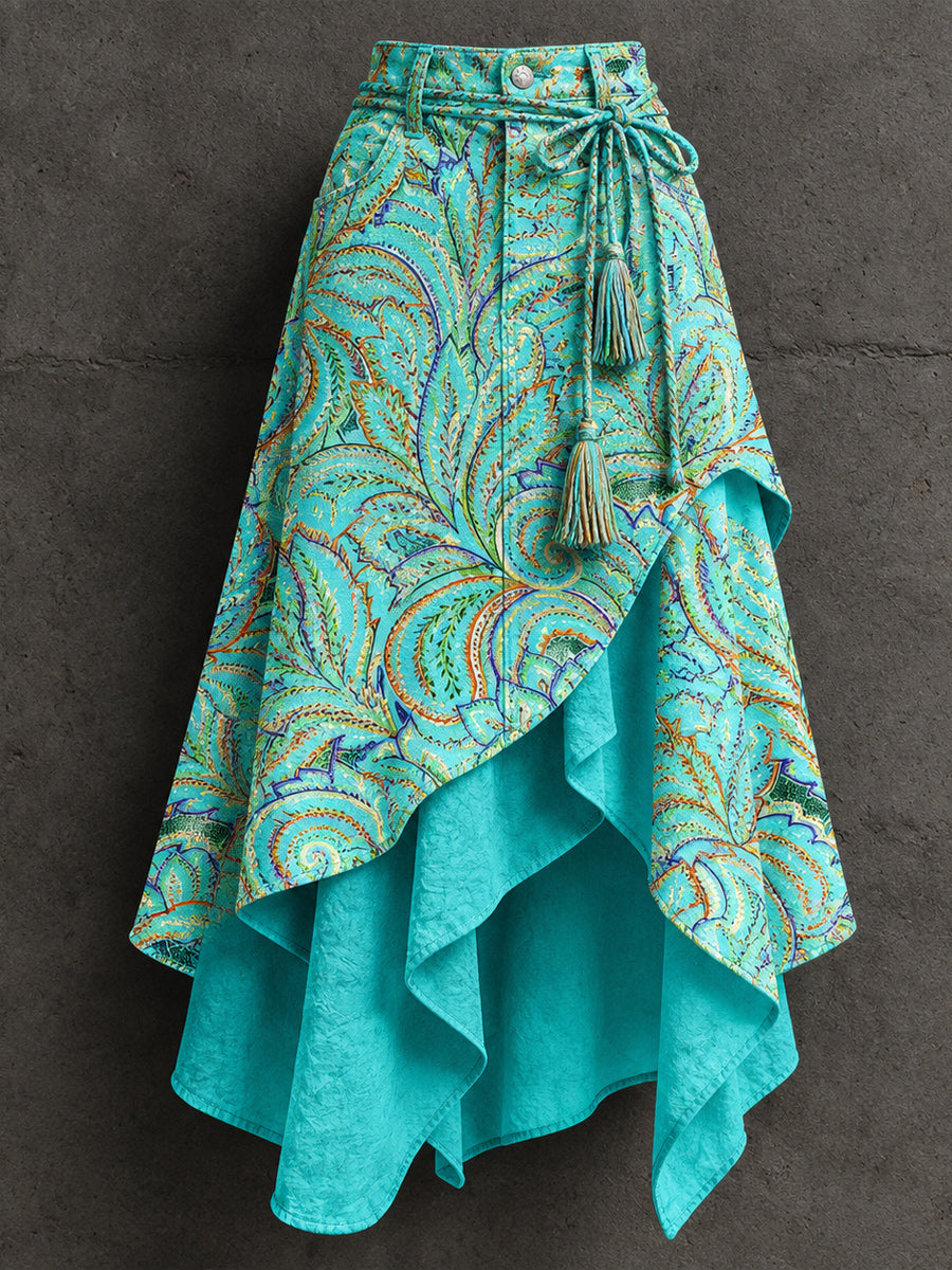 Women's Retro Style Art Print Irregularly Layered Stitched Skirt