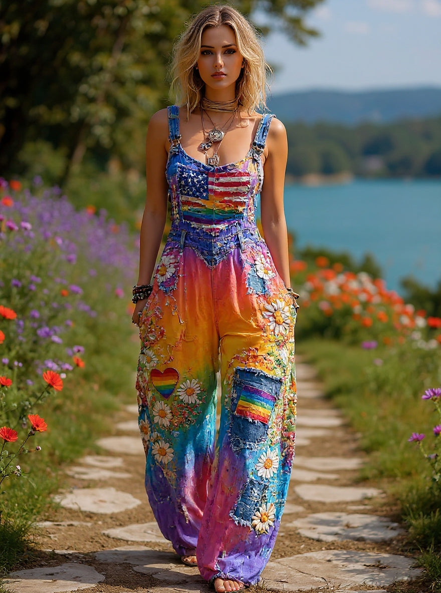 Women's Retro Style Art Print Washed Cotton Denim Patchwork Jumpsuit