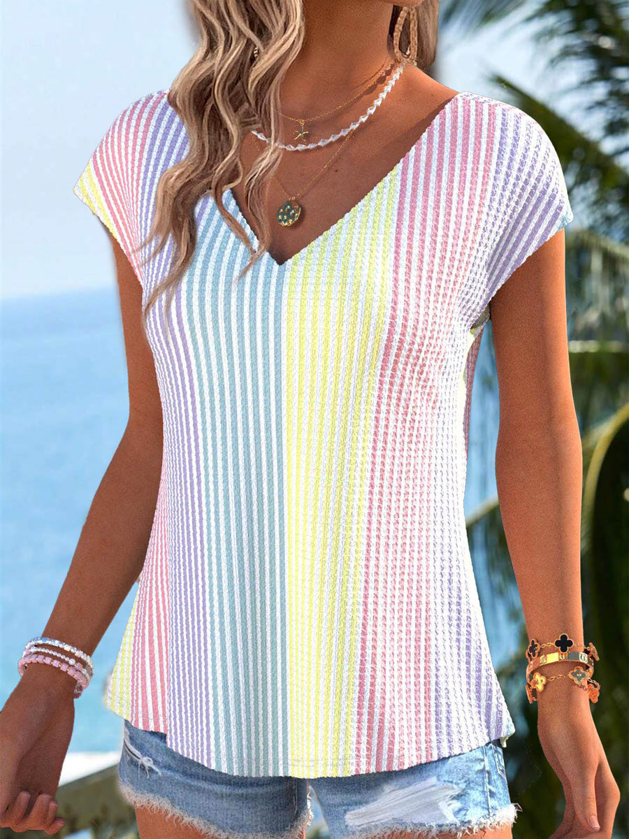Women's Retro Style Art Printed Vintage V-Neck Short Sleeves Top