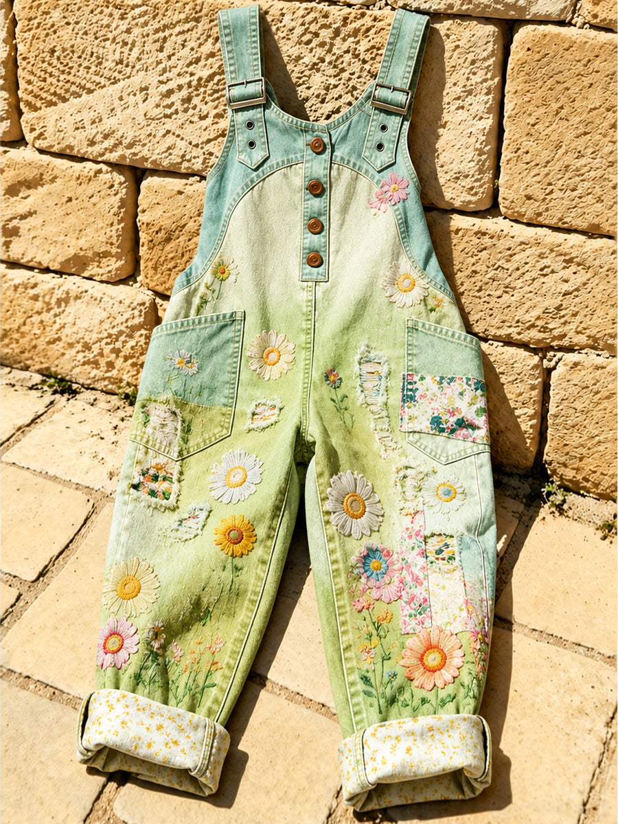 Women's Retro Style Art Print Washed Cotton Denim Patchwork Jumpsuit