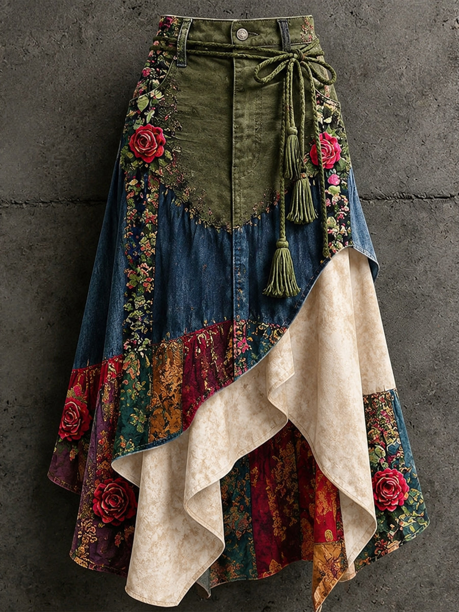 Women's Retro Style Art Print Irregularly Layered Stitched Skirt