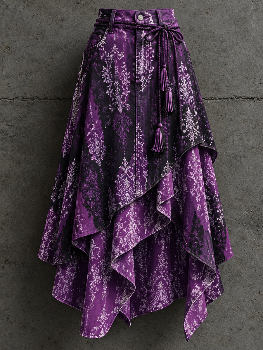 Women's Retro Style Art Print Irregularly Layered Stitched Skirt