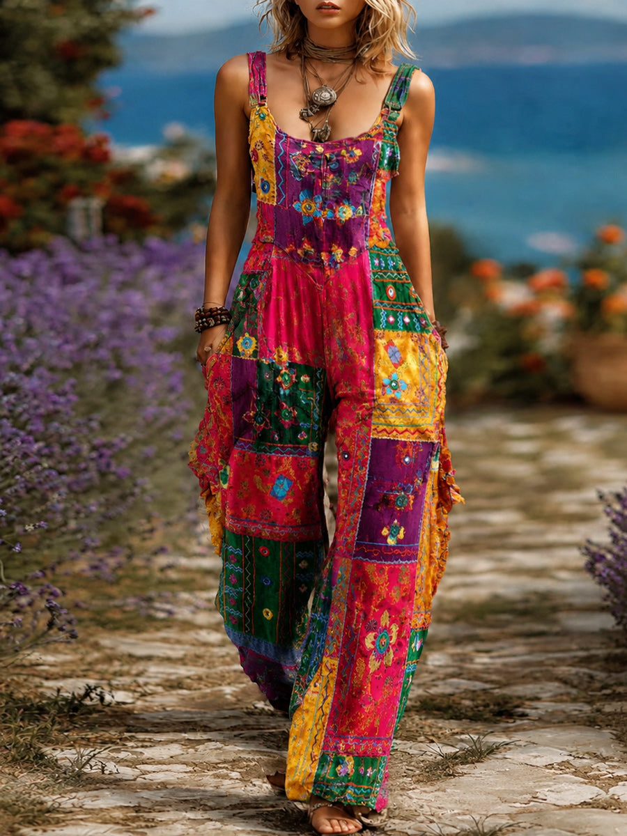 Women's Retro Style Art Print Washed Cotton Denim Patchwork Jumpsuit