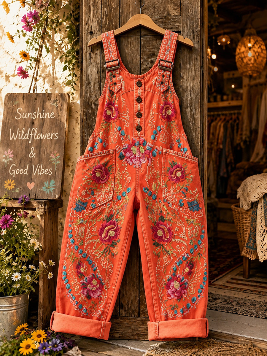 Women's Retro Style Art Print Washed Cotton Denim Patchwork Jumpsuit