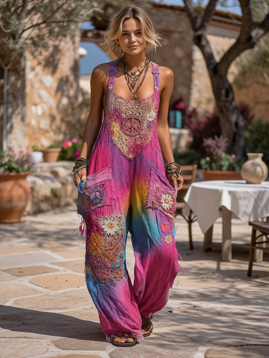 Women's Retro Style Art Print Washed Cotton Denim Patchwork Jumpsuit