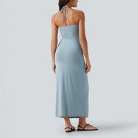 Halter Neck Strapless Long Dress With Draped Pockets