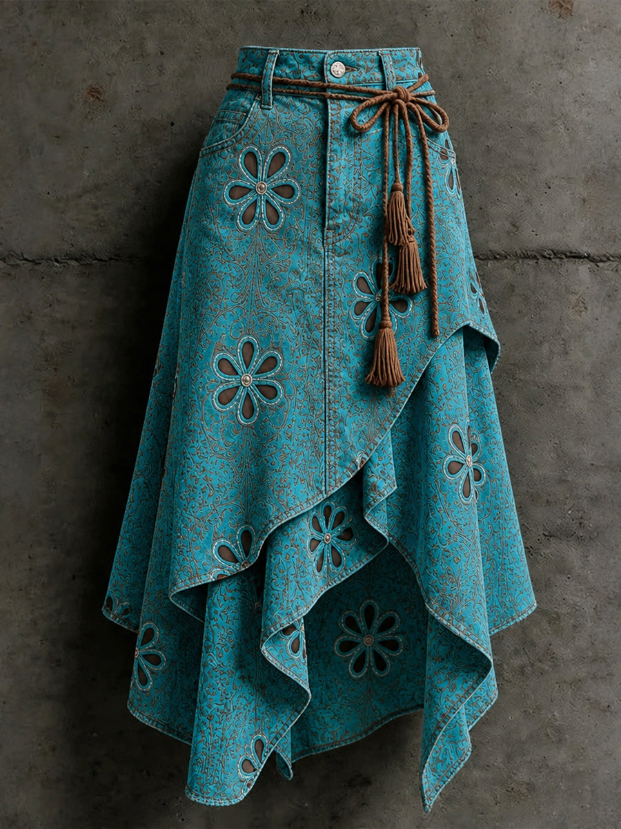 Women's Retro Style Art Print Irregularly Layered Stitched Skirt