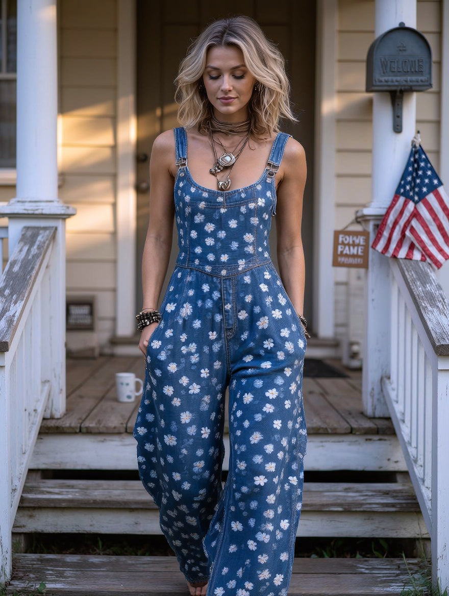 Women's Retro Style Art Print Washed Cotton Denim Patchwork Jumpsuit