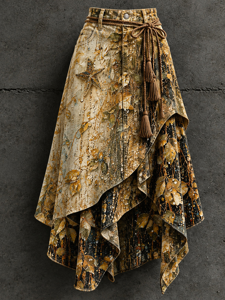 Women's Retro Style Art Print Irregularly Layered Stitched Skirt