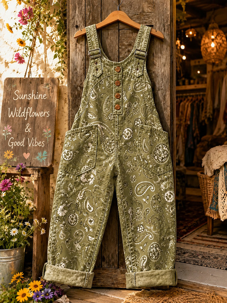 Women's Retro Style Art Print Washed Cotton Denim Patchwork Jumpsuit