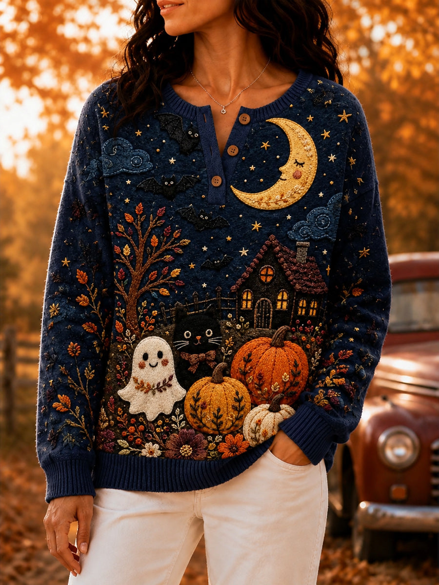 Women's Retro Autumn Art Print Knit Sweater
