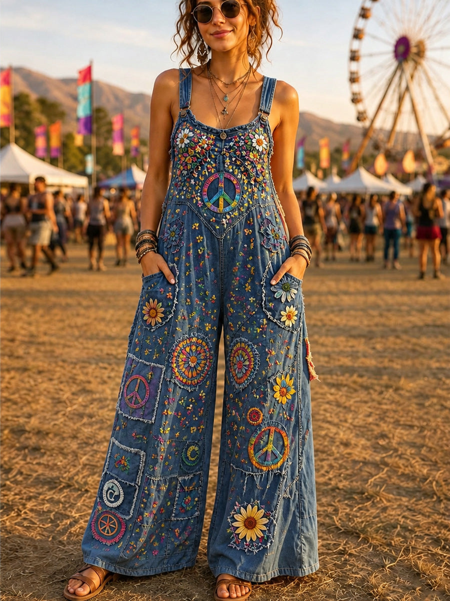 Women's Retro Style Art Print Washed Cotton Denim Patchwork Jumpsuit