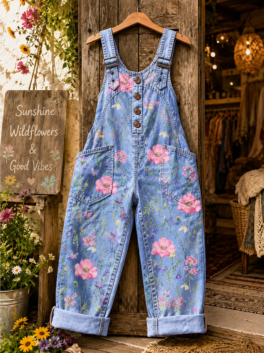 Women's Retro Style Art Print Washed Cotton Denim Patchwork Jumpsuit
