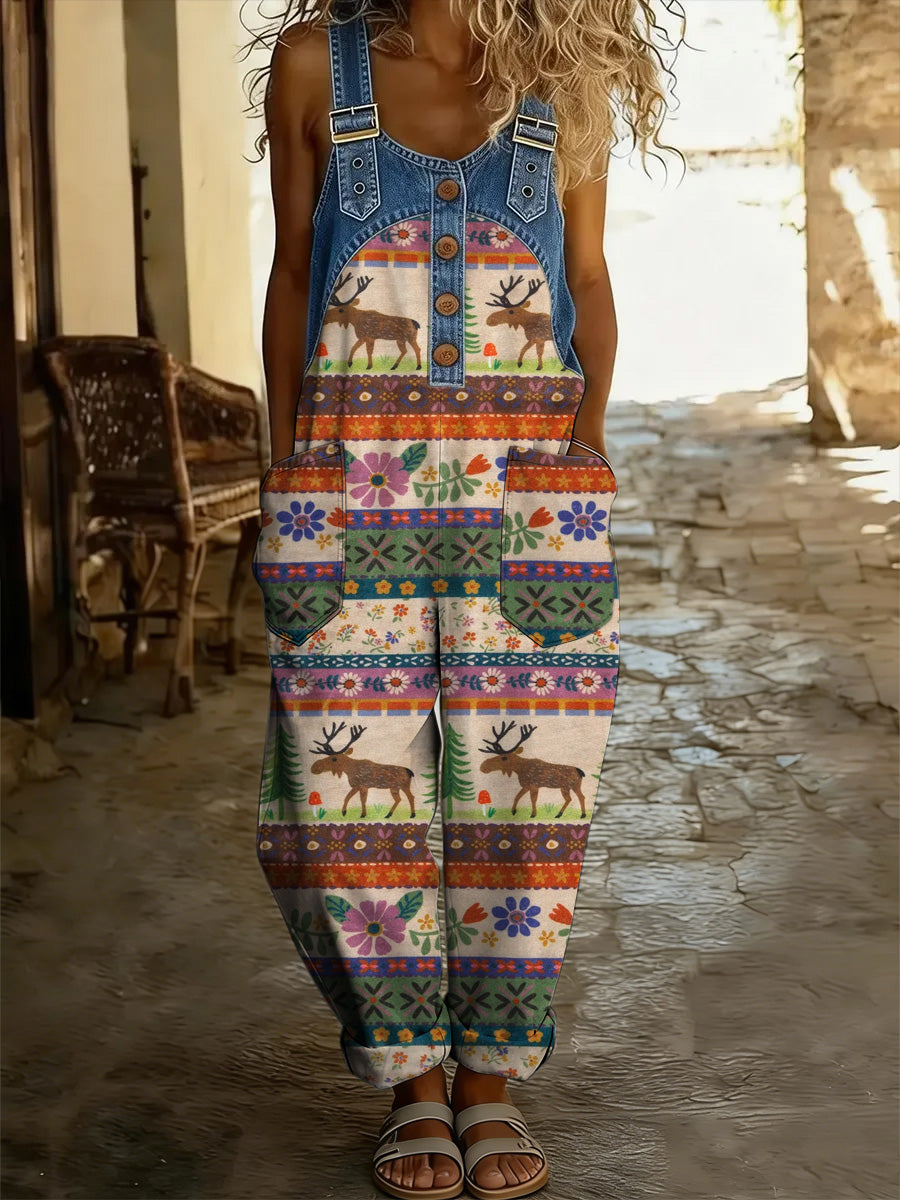 Women's Retro Floral Color-Blocked Art Print Washed Cotton Denim Patchwork Jumpsuit