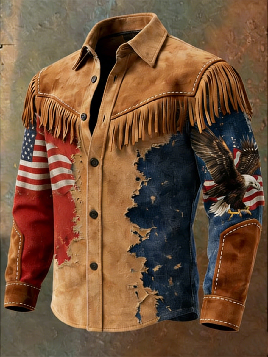 Men's Retro 250th Anniversary National Flag Print Vintage Tassel Casual Long Sleeve Shirt