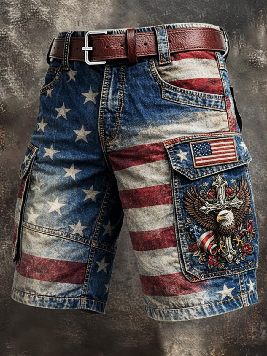 Men's Retro Style USA Flag Art Print Casual Loose Pocket Work Shorts