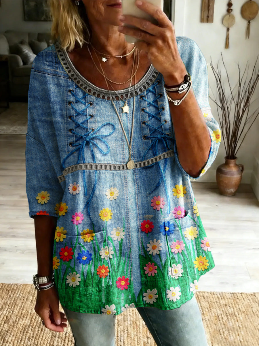 Women's Retro Casual  Style Print Vintage Half Sleeves Shirt