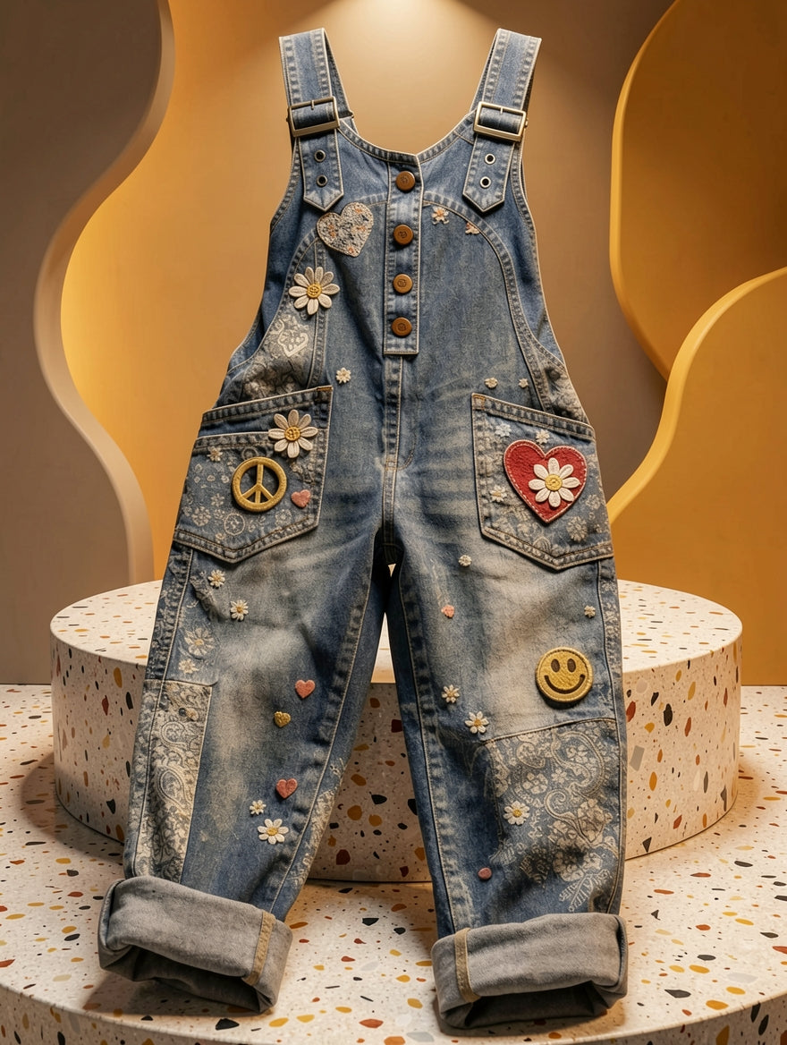 Women's Retro Floral Color-Blocked Art Print Washed Cotton Denim Patchwork Jumpsuit