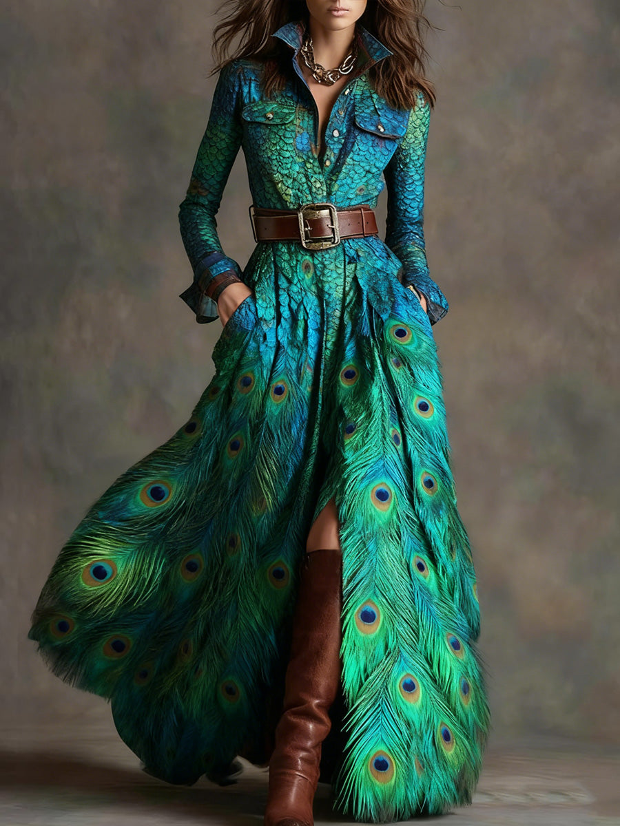 Retro Feather Art Texture Printed V-Neck Vintage Pocket-Style Long Sleeve Maxi Dress