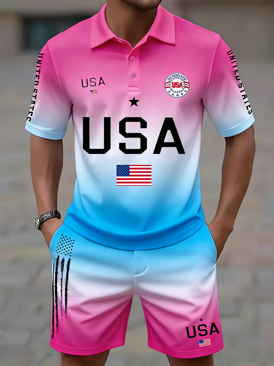 USA Flag Art Printed Resort Style Polo Shirt And Shorts Set