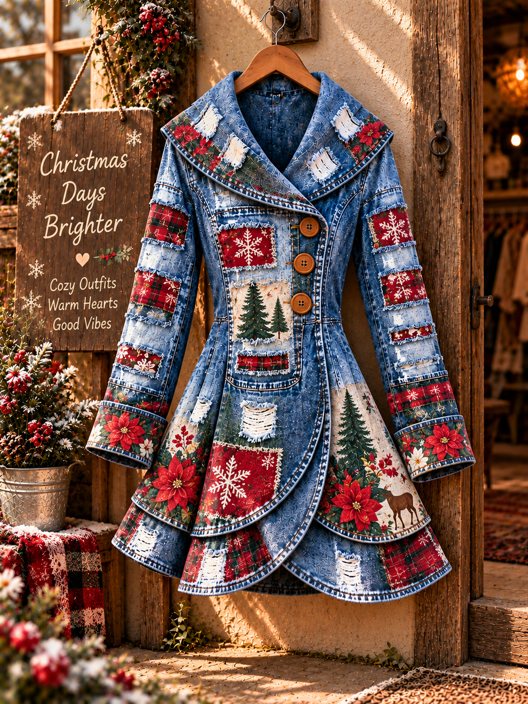Women's Vintage Denim Floral Art Print Asymmetrical Flared Coat