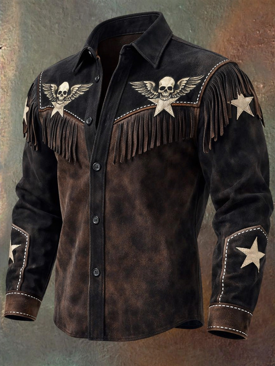 Men's Retro Western Style Skull Print Vintage Tassel Casual Long Sleeve Shirt