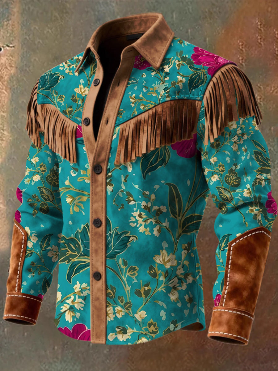 Men's Retro Western Style Art Print Vintage Tassel Casual Long Sleeve Shirt