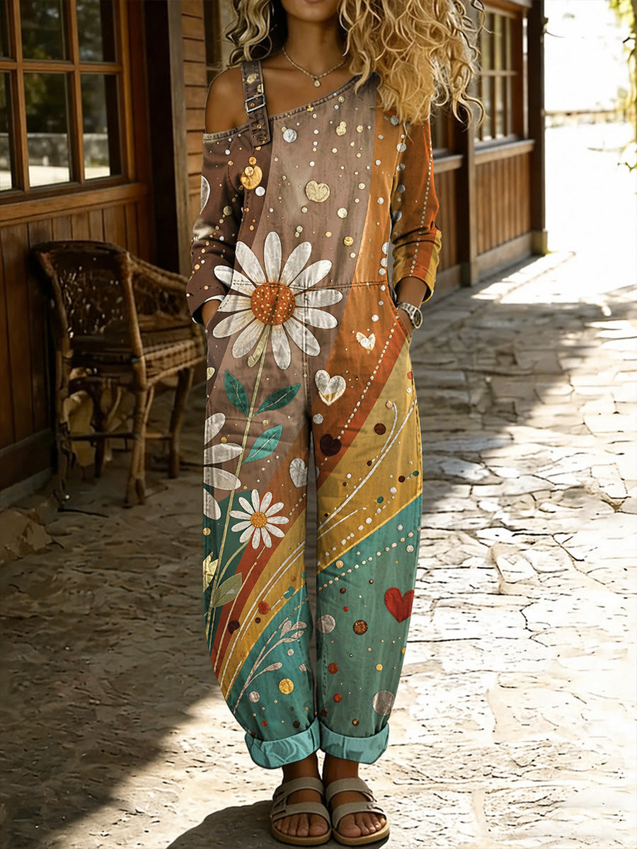 Women's Retro Style Floral Art Print Washed Cotton Denim Patchwork Jumpsuit