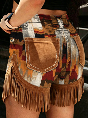 Women's Retro Style Art Print Casual Leather Fringe Patchwork Pocket Shorts