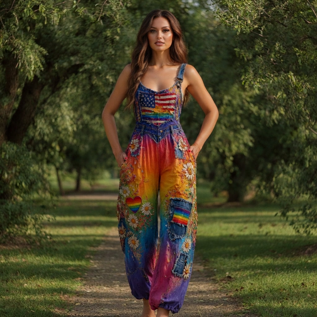 Women's Retro Style Art Print Washed Cotton Denim Patchwork Jumpsuit