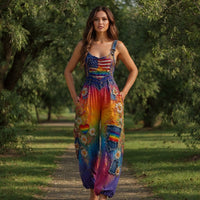 Women's Retro Style Art Print Washed Cotton Denim Patchwork Jumpsuit
