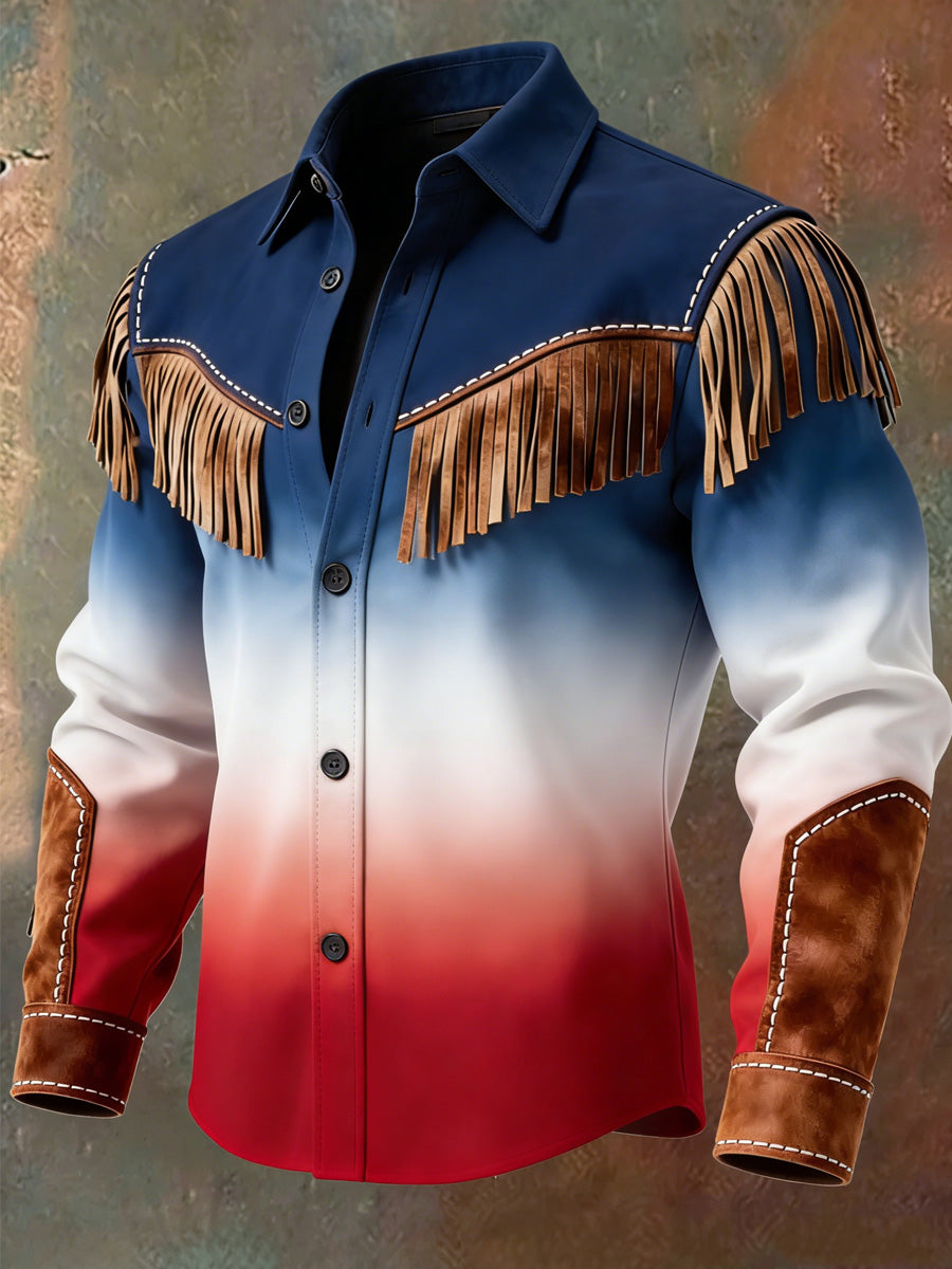 Men's Gradation Art Western Style Print Vintage Tassel Casual Long Sleeve Shirt