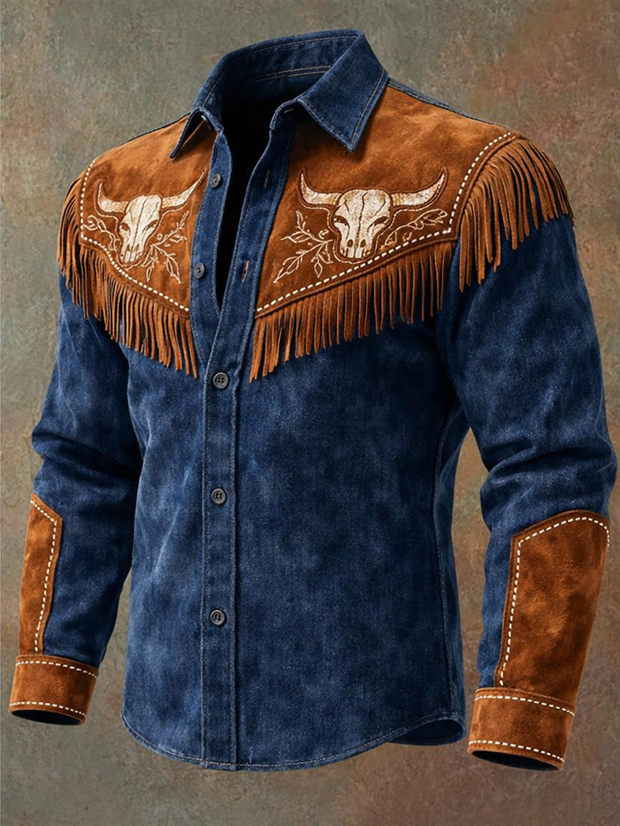 Men's Retro Western Style Vintage Casual Cotton Long Sleeve Fringe Shirt