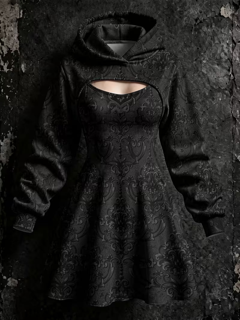 Women's Gothic Art Print Long Sleeve Hooded Shrug Cami A-Line Dress Two Piece Sets