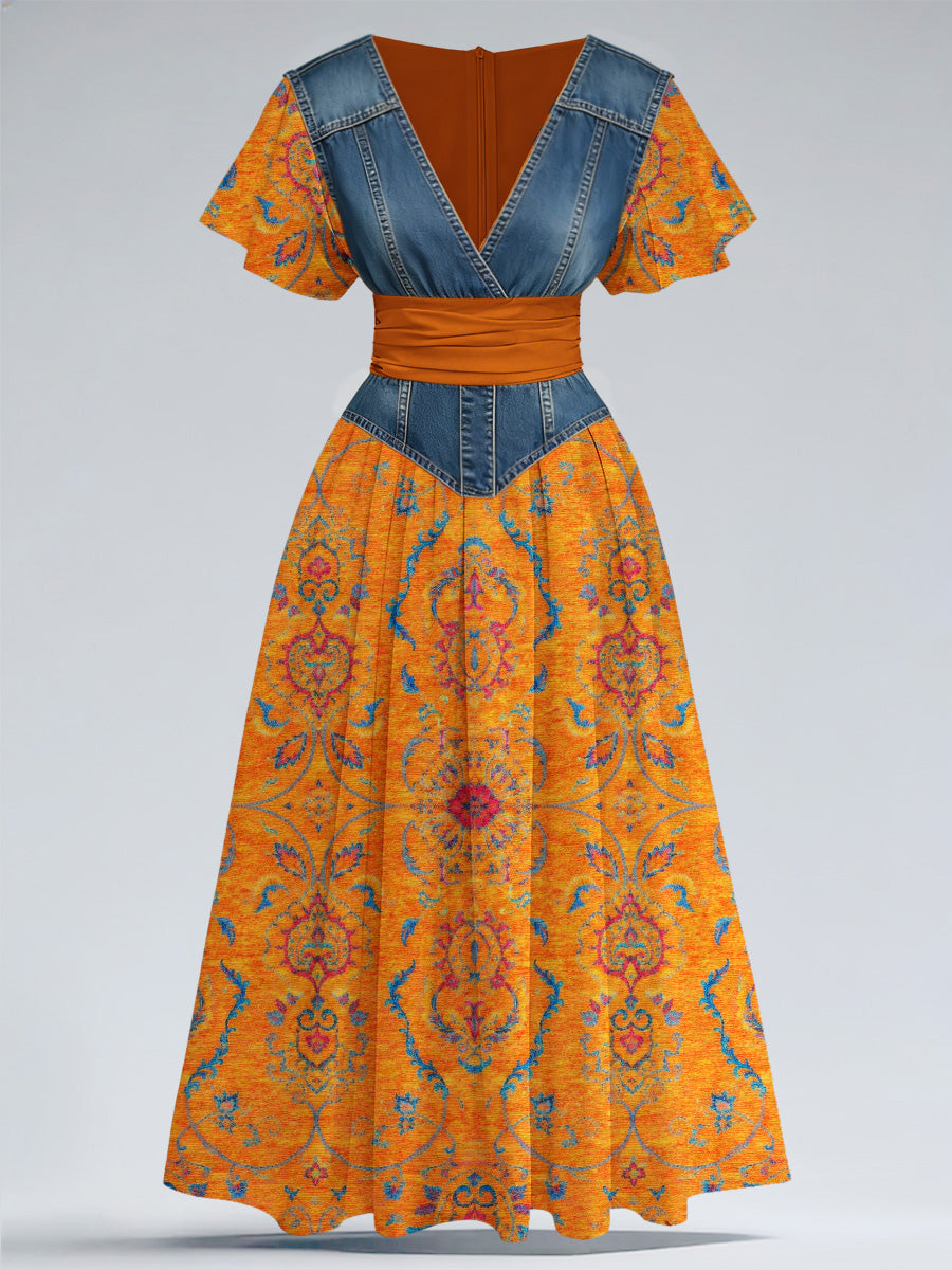 Retro Denim Floral Art Printed Elegant V-Neck Vintage Short Sleeve Maxi Dress