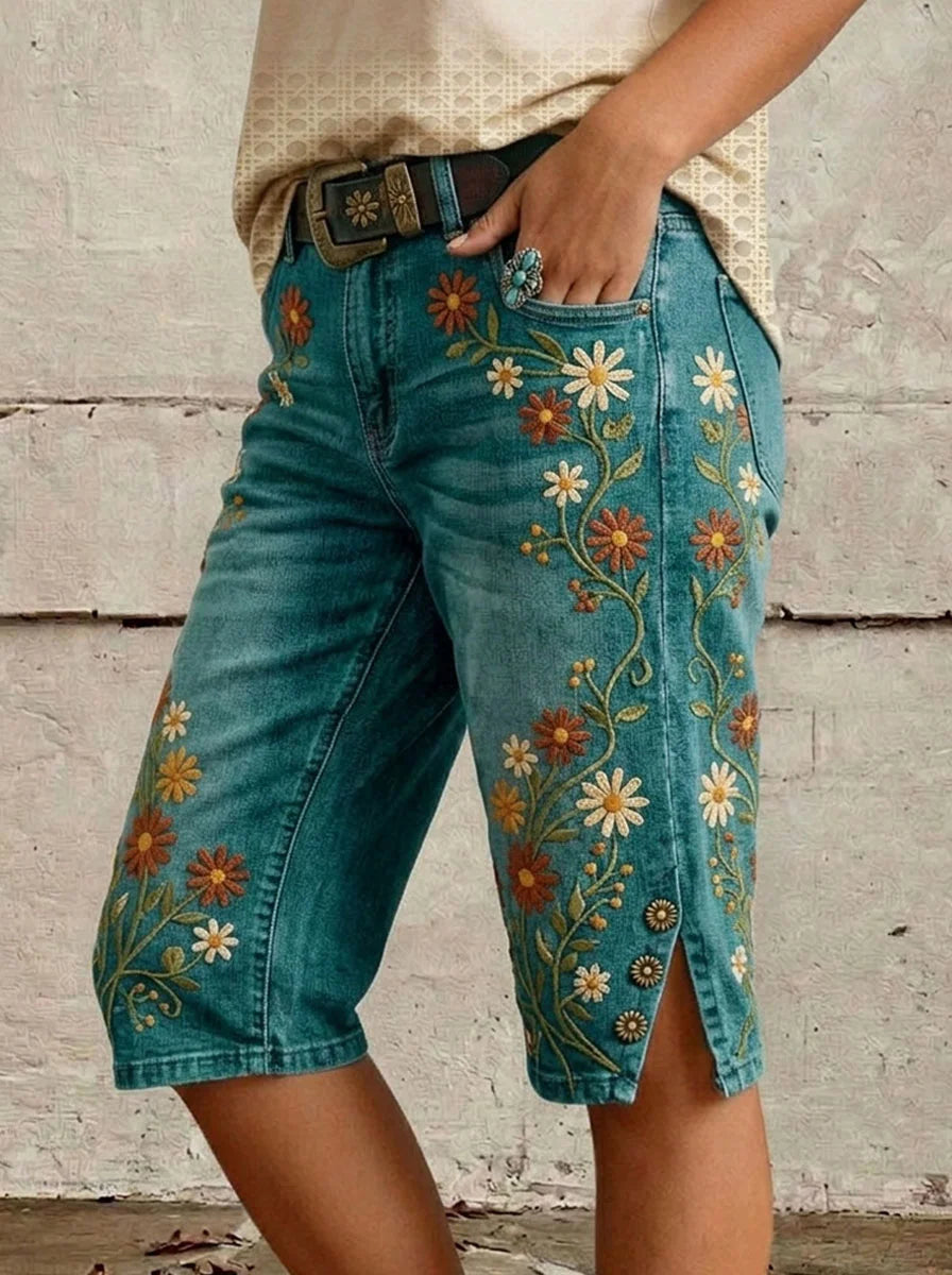 Vintage Floral Print Casual Denim Shorts