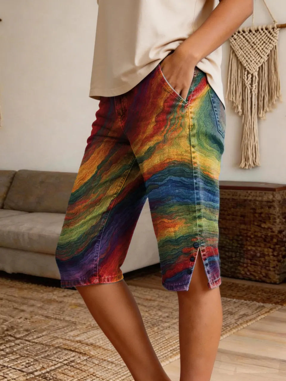 Women's Vintage Colorful Oil Painting Art Print Casual Denim Shorts